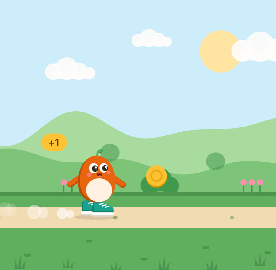 Pip walking a sunny trail and collecting coins
